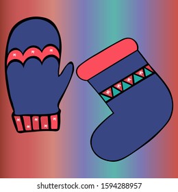 Christmas stocking and woolen mitten. Set of color vector illustrations. Isolated background. Cartoon style. Snowflakes. A boot for hiding a gift. Hang a sock over the fireplace. Soft hand glove.