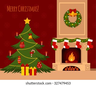 Christmas stockings by the fireplace illustration made in flat style
