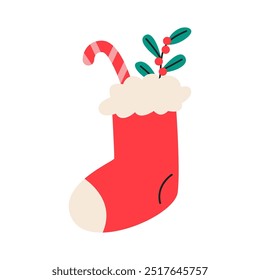 Christmas stockings with candy cane. Festive decoration. Flat vector illustration isolated on white background.