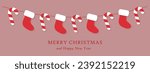 Christmas stockings and candy canes garland, merry christmas and happy new year vector card, poster, banner or flyer