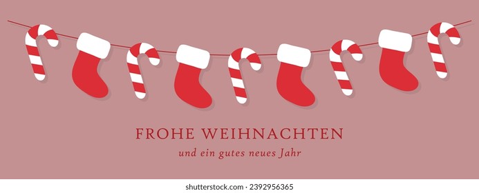 Christmas stockings and candy canes garland, frohe weihnachten und ein gutes neues jahr vector card, poster, banner or flyer