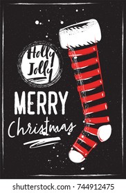 Christmas stockings. Chalk Christmas card with candy and letting. Blackboard background