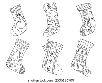 Christmas stockings collection. Different hand drawn vector doodle elements, Christmas and New Year decorations, holidays attributes for fireplace decor