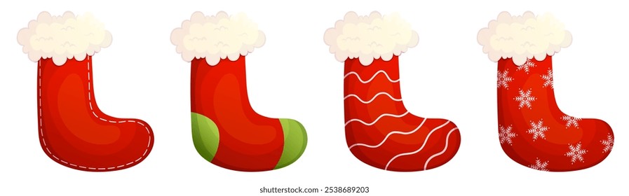 Christmas stockings with different ornaments set. Happy holidays cartoon socks design.