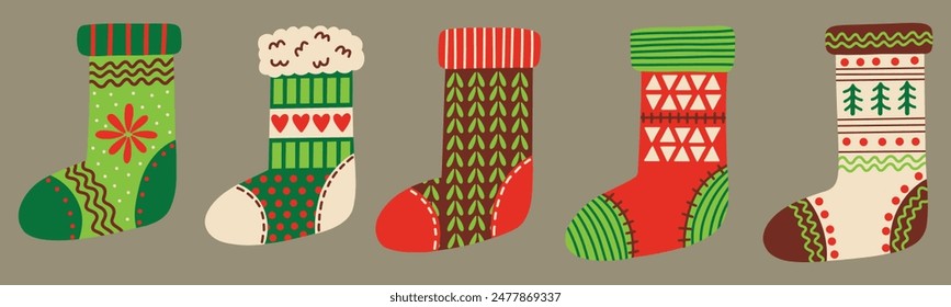 Christmas stockings elements set. Cozy and kitschy designs. Hand drawn vector illustrations.