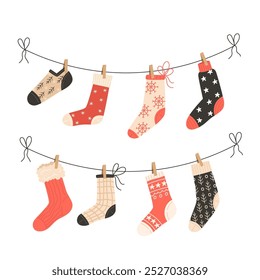 Christmas Stockings with Festive Patterns Hanging on a String with Clothespins