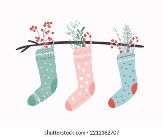 Christmas Stockings Filled With Candy Canes And Leaves. Cute Hand Drawn Holiday Card.