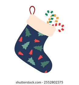 Christmas stockings filled with candy canes and festive patterns