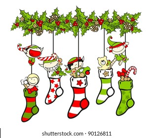 Christmas Stockings Filled With Presents And Elves