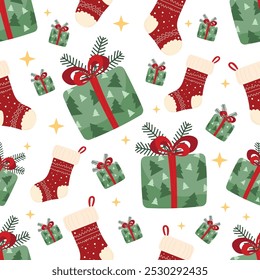 Christmas stockings and gift boxes seamless pattern on white isolated background. Cute illustrations in joyful Christmas holiday concept. For holiday decor, kids prints, gift paper.