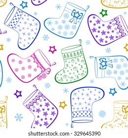 Christmas Stockings for Gifts Decorated with Different Colorful Patterns, Seamless Background, Symbol Pictograms. Vector