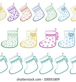 Christmas Stockings for Gifts Decorated with Different Colorful Patterns, Seamless Background, Symbol Pictograms. Vector