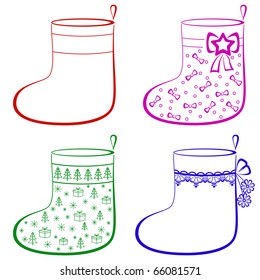 Christmas stockings for gifts decorated, monochrome pictogram, set, isolated