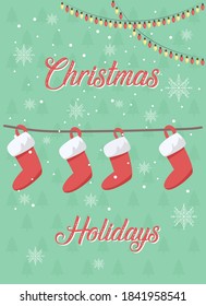 Christmas stockings greeting card flat vector template. Xmas celebration. New Year decoration. Brochure, booklet one page concept design with cartoon characters. Festive holidays flyer, leaflet