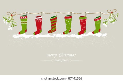 Christmas Stockings Hanging On A Festive Line