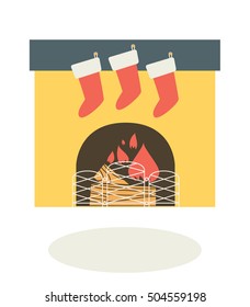 Christmas Stockings hanging on the Fireplace. Christmas Fireplace Vector illustration. Christmas Socks on the Fireplace. 