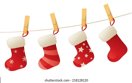 Christmas stockings hanging on a line.