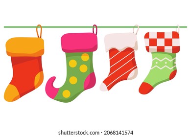 Christmas stockings hanging on rope vector cartoon illustration isolated on a white background.