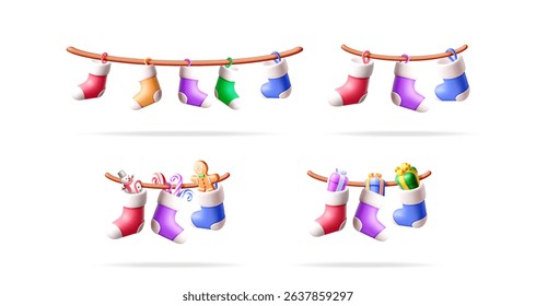 Christmas stockings hanging on rope with presents and candy. New Year holiday decoration for greeting card and festive background.