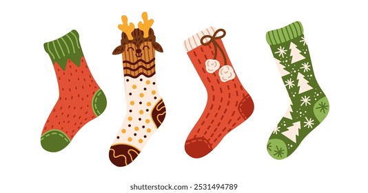 Christmas stockings hanging in row flat color vector objects set. Long socks with cute patterns prepared for gifts illustrations pack on white background