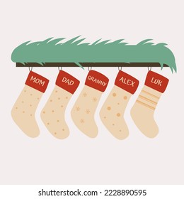 Christmas stockings hanging vector. Colorful sock for winter holidays. Home decoration, palm as a gift. Merry Christmas. Cute christmas socks illustration vector. line.