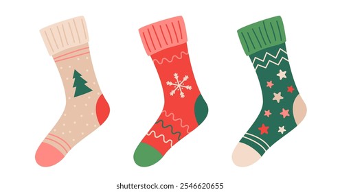 Christmas stockings with holiday ornaments, snowflake, christmas tree. Red, green Christmas socks with cute xmas patterns