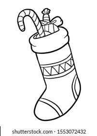 Christmas stockings. Home decoration for the holiday. Coloring page or book for children and adults. Symbol of the New Year and Christmas. - Vector. Vector illustration