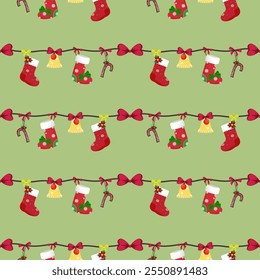 ​Cute Christmas stockings are hung together with Christmas decorations seamless pattern vector illustration for wallpaper, textiles, bedding, background, and designg packaging