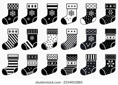 Christmas Stockings Icon Set - Black and White Holiday Designs