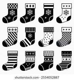 Christmas Stockings Icon Set - Black and White Holiday Designs