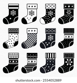 Christmas Stockings Icon Set - Black and White Holiday Designs