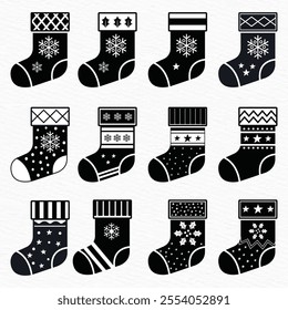 Christmas Stockings Icon Set - Black and White Holiday Designs