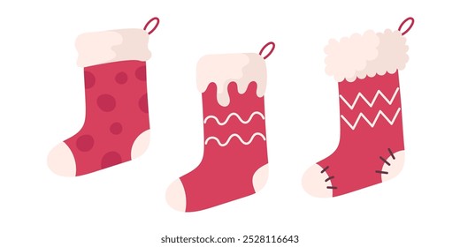 Christmas stockings on white background. Merry Christmas. Home decoration, for gift. Colorful socks for winter holiday.