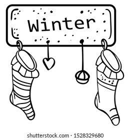 Christmas stockings on a wooden hanger with the inscription Winter. Home decoration for the holiday. Symbol of the New Year and Christmas. - Vector. Vector illustration