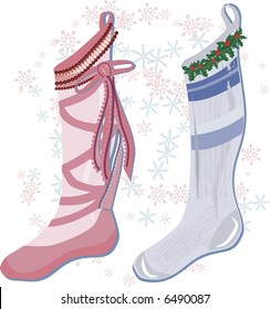 Christmas stockings one sock one slipper. No gradients.