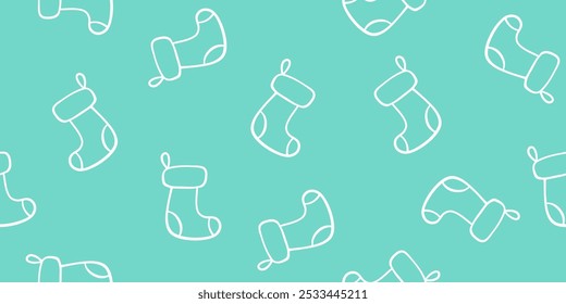 Christmas stockings outlines on green seamless pattern, doodle style vector