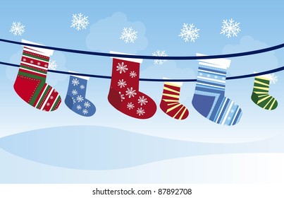 Christmas stockings over beautiful sky cartoon. vector