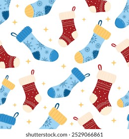 Christmas stockings pattern in red and blue colors on white isolated background. Cute symbols of warm family holiday Christmas in vector style. For Christmas decor, gift paper, prints.