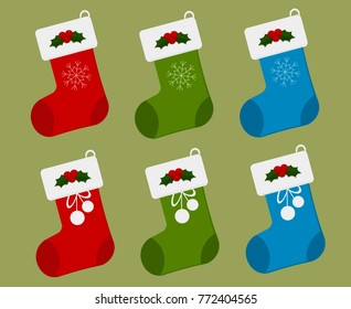 Christmas Stockings in red, green and blue color with Snowflake, Bow and Holly