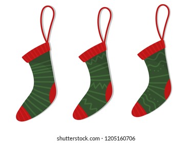 Christmas stockings red green colors. Hanging holiday decorations for gifts.