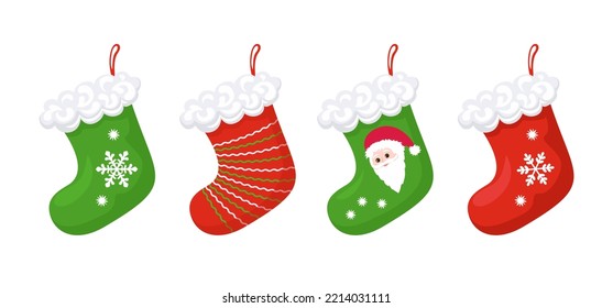 Christmas stockings in red and green colors isolated on white. Vector cartoon illustration.