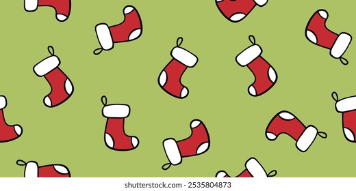 Christmas stockings seamless pattern on green, doodle style vector