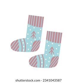 Christmas stockings set in cartoon style cute blue socks. Hand drawn colored Vector illustration. Design templates. All elements are isolated