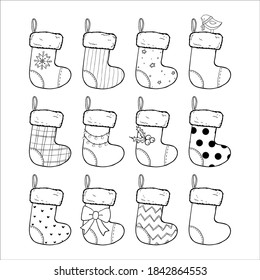 Christmas stockings set hand drawn vector illustration, black and white. Sock-shaped bags. Decorated winter socks, Saint Nicholas Day gifts