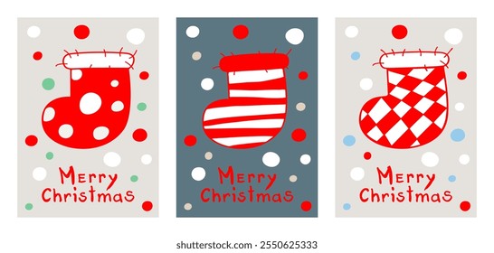 Christmas stockings. Set of three posters. Merry Christmas and Happy New Year greeting funny cards in Trendy Colors. Winter holiday vector illustration on a colored background.