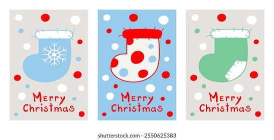 Christmas stockings. Set of three posters. Merry Christmas and Happy New Year greeting funny cards in Trendy Colors. Winter holiday vector illustration on a colored background.