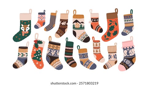 Christmas stockings set. Traditional socks with festive patterns, stripes, for Xmas gifts, hanging on loop. Seasonal Scandinavian decoration. Flat vector illustration isolated on white background