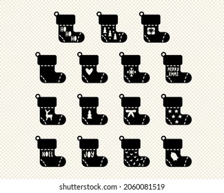 Christmas stockings silhouettes for laser cutting. Symbol of Christmas socks isolated. Great for Christmas gift tags, paper cards, posters and stickers. Hand drawn in flat cartoon simple style. 