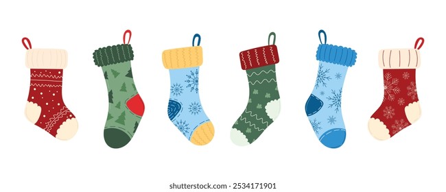 Сolorful Christmas stockings with snowflakes, trees and knitted textures on white background. Warm and beautiful socks for gifts in children's Christmas cartoon style. For postcards, holiday decor.