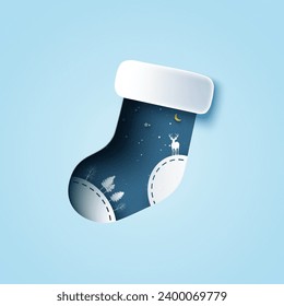 Christmas stockings, socks. decorated with Reindeer and winter landscape. Merry Christmas and winter season on blue background. Vector illustration in paper art craft 